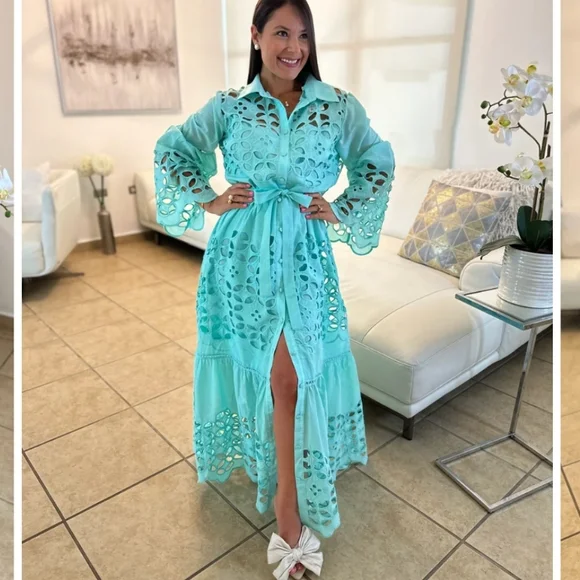 Tiffany Blue Eyelet Button-Down Dress - Picture 2 of 8